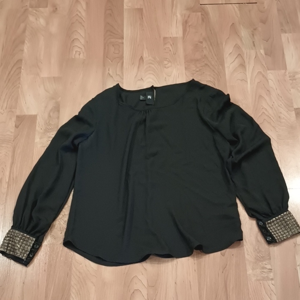 Embellished Black Long Sleeve Blouse with Mandarin Collar